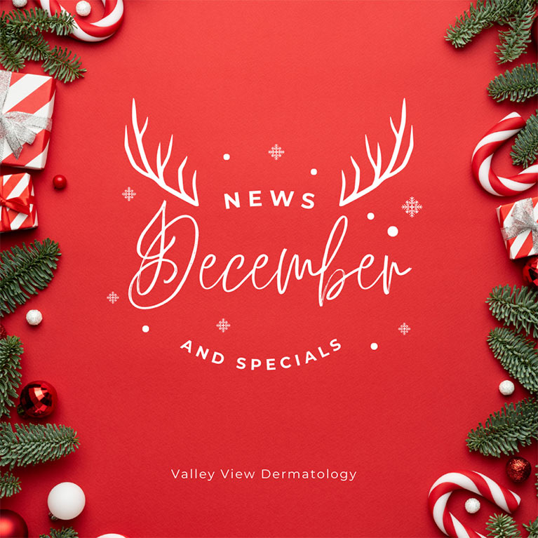 The words "December News and Specials" on a red background with fir fronds, Christmas tree baubles, wrapped gifts and candy canes.