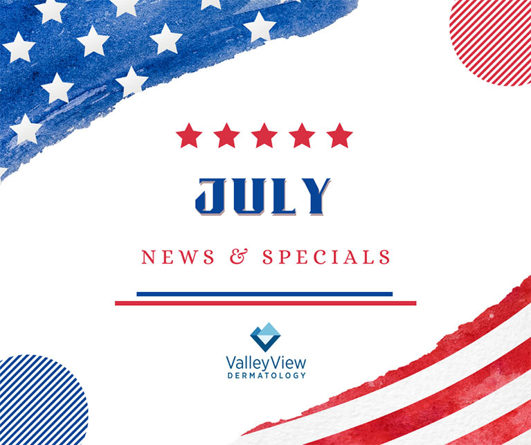 The words "July News and Specials" on a background of an abstracted American flag and stars.