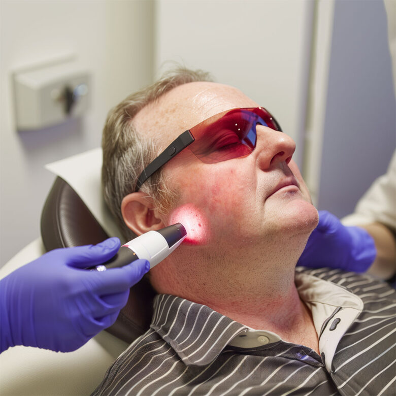 A white man in his 40s gets VBeam laser treatment to the rosacea on his face.
